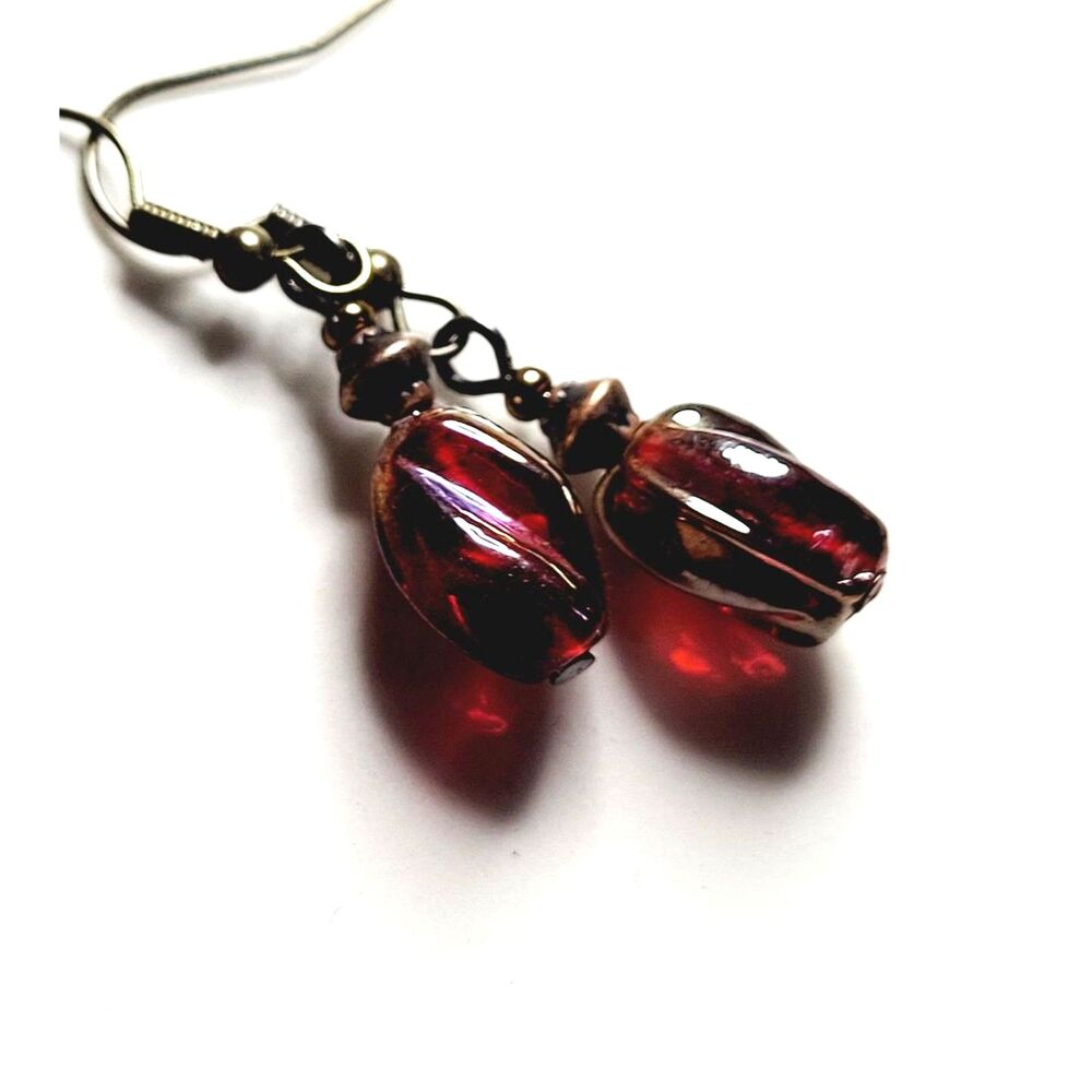 NEW Earrings Red pressed glass swirl bead dangle earrings Red Victoria 202#fs